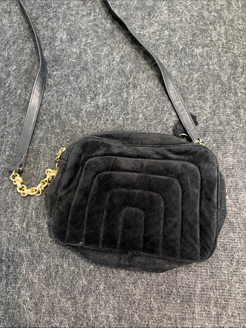 Black Quilted Suede/Leather Shoulder Bag with Gold Chain Accent - Picture 5 of 11